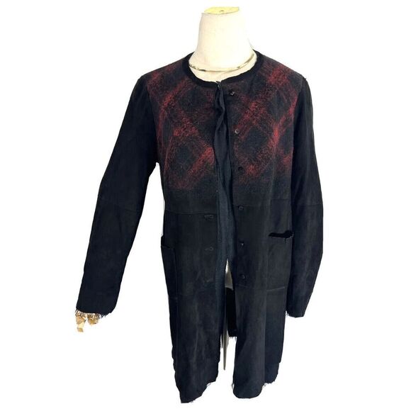 Free People Black Leather Jacket Size Large Suede Buffalo Plaid Grunge Dark Acad - Picture 1 of 15